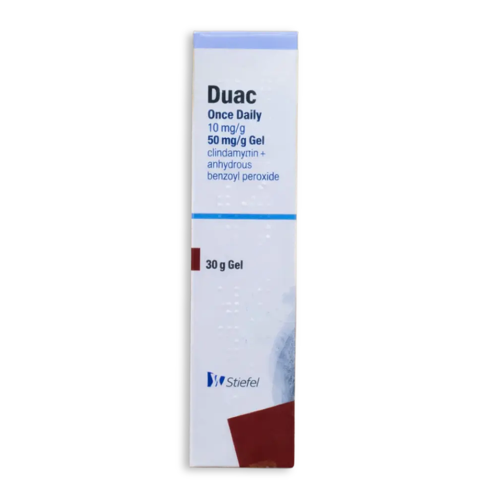 Clindamycin with benzoyl Peroxide (Duac) Gel, available in 30g and 60g, in 2 strengths. 